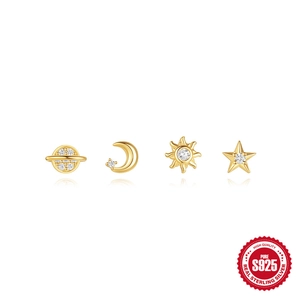 Classic S925 sterling silver celestial earring set with sun, moon, and star motifs
