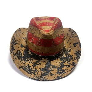 Detail of hand-painted straw cowboy hat with American flag stars and stripes pattern