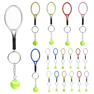 Miniature tennis racket and ball keychain set available in various vibrant metallic colors