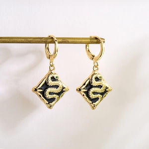 18K gold plated drop oil snake totem earrings with green gemstone eyes on brass rod