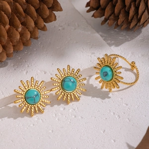 Vintage gold sunburst jewelry set with turquoise earrings and adjustable ring for women