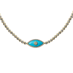 Detail view of 18K gold-plated evil eye pendant with turquoise and sparkling cubic zirconia