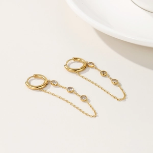 Orecchini a Nappine in Acciaio Inossidabile con Zirconia per Donna Placcati in Oro a Cerchio con Catena Lunga Gioielli