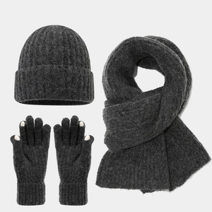 Macro view of thick dark grey knit scarf and touchscreen gloves with soft texture
