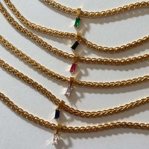 Vintage 18k gold plated braided chain necklaces with colorful rectangular zircon pendants