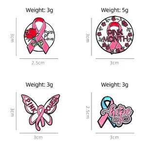 Set aus Emaille-Broschen mit rosa Schleife, Rosenblumen, Hope-Design und Pink Power