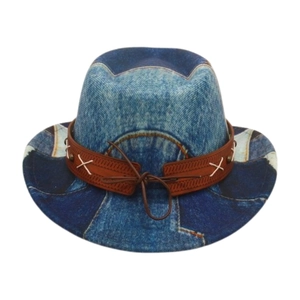 Classic kids blue denim style cowboy hat with brown leather band for jazz stage performance