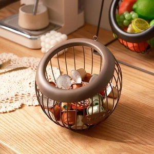 Brown wire frame coffee pod storage basket with coffee label on wooden table