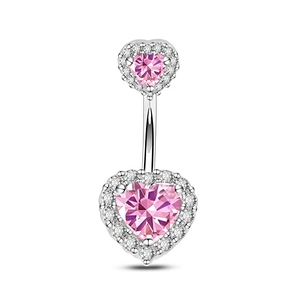 Silver double heart belly button ring with pink heart crystals and clear zircon accents