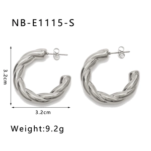 Silver twisted C-shape hoop earrings, 3.2cm diameter, 9.2g high quality steel jewelry