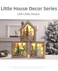 Close-up of three Nordic wooden LED Christmas elk and snowman ornaments with warm lights