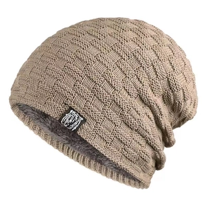 Thick khaki knit beanie with fleece lining and tiger patch for winter warmth