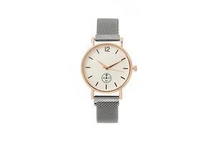 Detail view of rose gold watch with white dial, sub-dial and grey mesh band