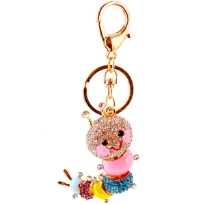 Sparkly rhinestone caterpillar keychain for women with colorful crystals and gold metal finish