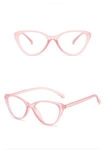Detail view of transparent pink cat eye glasses frames from front and side angles