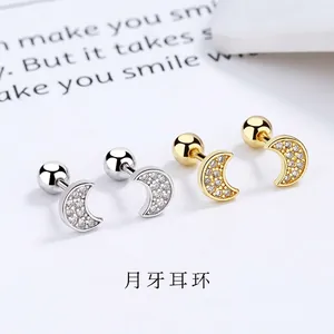 Crescent Moon Stud Earrings 925 Sterling Silver Earring Post Pave Cubic Zirconia Minimalist Screw Ball Back Jewelry