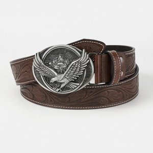 Vintage brown leather belt with embossed eagle buckle and white stitching for casual jeans