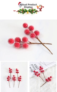Detailed close-up of frosted red Christmas berries with realistic white frost texture
