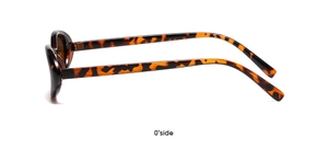 Detailed side view of tortoise shell pattern oval sunglasses with glossy finish