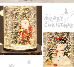 Close-up of internal flowing sequins and Santa Claus figure in Christmas lantern