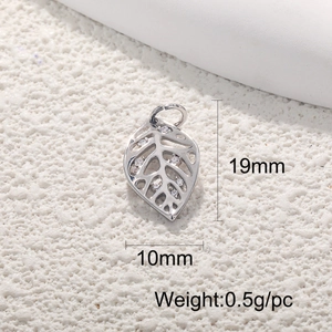 Silver hollow leaf pendant with small crystals, 19mm by 10mm size specifications