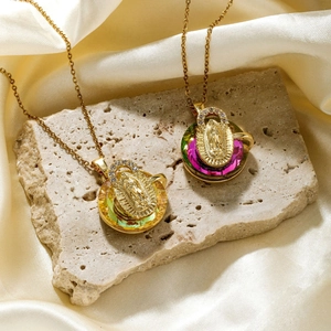 Exquisite gold-plated copper necklace with a religious Virgin Mary portrait pendant