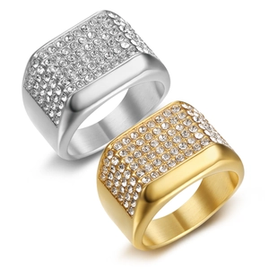 Men Hip Hop Signet Ring Stainless Steel 18K Gold Plated Iced Out White Zircon Square Bling Punk Jewelry