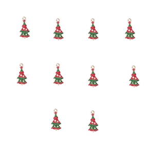 Macro shot of 10 Christmas tree alloy pendants with red and green enamel for DIY jewelry