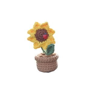 Handmade crochet sunflower potted plant with red ladybug for car dashboard decor