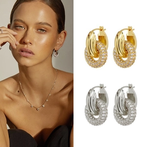 Luxury Brass 18K Gold Plated Double Ring Interlocking Earrings With Zirconia European Minimalist Hoop Earrings For Women Jewelry