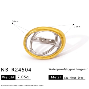 Detail view of gold and silver bicolor stainless steel ring with dimensions and specs