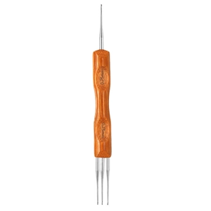 Detailed macro view of 0.75mm dreadlock crochet hook with bamboo handle and metal head