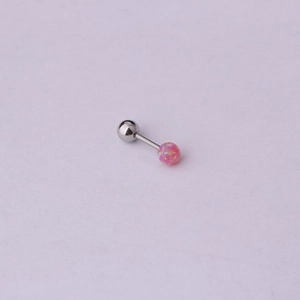 Detailed macro view of a pink opal stud earring with a silver stainless steel screw post