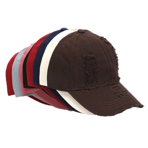 Distressed vintage cotton baseball caps in multiple colors with ripped brim details