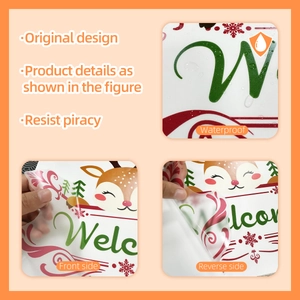 Detail showing double-sided waterproof Christmas reindeer window sticker with Welcome text