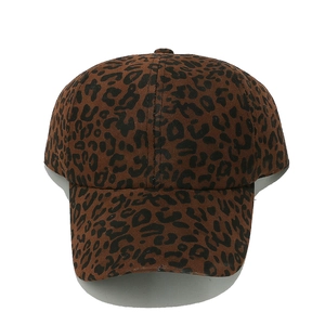Detailed view of the leopard print pattern and fabric texture on a fashion baseball cap