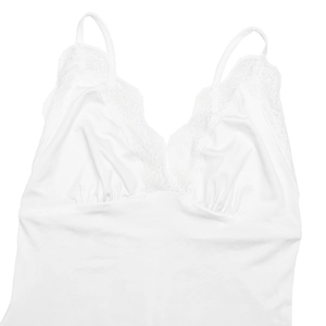 Detail of white bodysuit showing delicate lace trim and ruching under the bust area