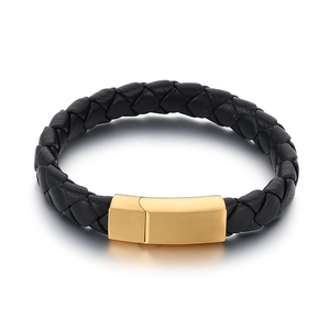 Classic black braided microfiber leather bracelet for men with golden magnetic clasp
