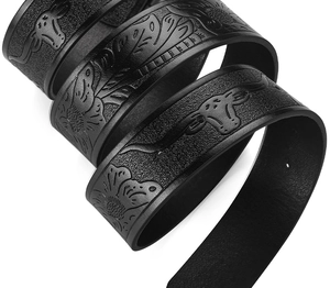 Close-up of black leather belt featuring embossed longhorn bull head and floral patterns