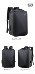 Detailed views of grey business laptop backpack with hardshell panel and USB port
