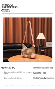 Detailed view of color-block PU leather shoulder bag with dimensions 24x7x18cm