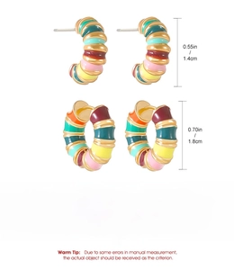 Detailed view of colorful enamel copper hoop earrings in various sizes and vibrant shades