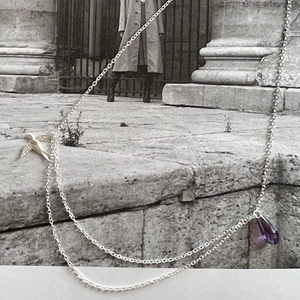 Minimalist 925 sterling silver swallow necklace with purple teardrop crystal pendant