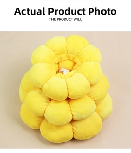 Detail of plush yellow sunflower pet recovery collar with adjustable drawstring closure