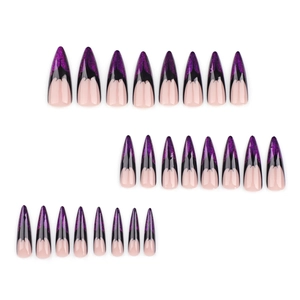 Purple glitter and black flame stiletto press-on nails set with 24 pieces for Halloween