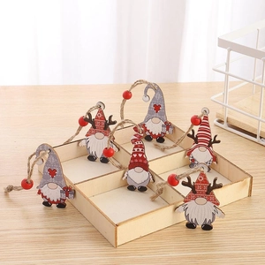 Set of 12 festive wooden gnome ornaments with reindeer antlers and red beads for Christmas trees