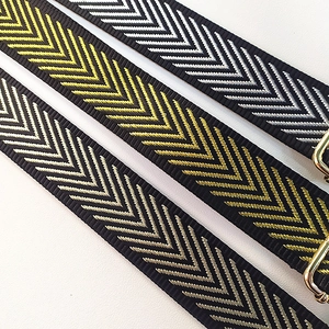 Macro detail of high-density woven striped shoulder straps with metallic gold finish buckles