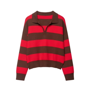 Detailed macro view of the striped knit Polo collar and the classic V-neck opening