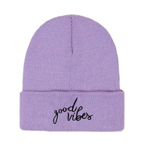 Winter warm knitted beanie hat in lilac purple with good vibes embroidery for women