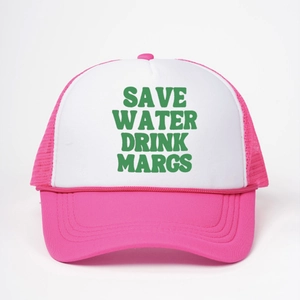 Pink and white mesh trucker cap with Save Water Drink Margs slogan on the front